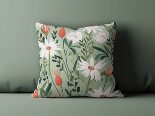 Pillow with floral pattern on green wall