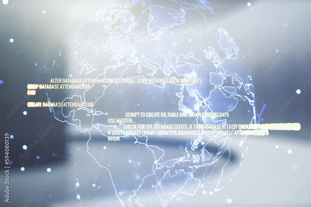 Aufkleber abstract virtual coding illustration and world map on modern interior background, international soft