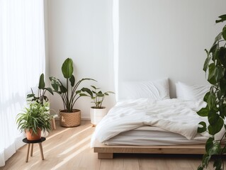 interior of modern bedroom with white walls, wooden floor, white bed and plants