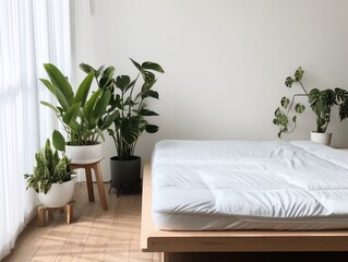 Interior of modern bedroom with white bed and plants