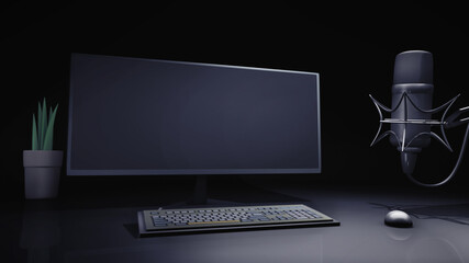 Podcast or live broadcast concept. 3D graphics workstation template with an empty screen. A minimal, illustration with a monitor and a microphone, to add your digital or physical products