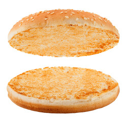 Hamburger bun, bread, isolated on white background, full depth of field