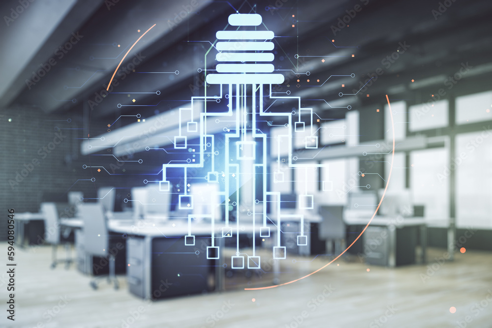 Aufkleber double exposure of virtual creative light bulb hologram with chip on modern corporate office backgro