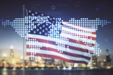 Multi exposure of abstract creative digital world map hologram on USA flag and blurry skyscrapers background, research and analytics concept
