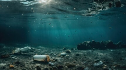 Plastic pollution in ocean environmental problem. Plastic bags and bottles pollute sea. Underwater trash. Generative AI
