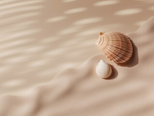 Fototapeta na wymiar Sea shells on sand with shadows. Summer background. Copy space.