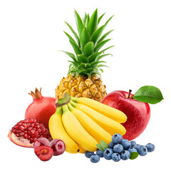 Fruits, banana, pineapple, apple, pomegranate, blueberry,, cherry, isolated on white background, full depth of field