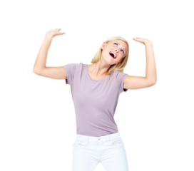 Push, heavy and weight with woman on png background for pressure, holding and product placement. Shouting, idea and promotion with female isolated on transparent for worry, stress and anxiety