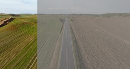 transition on video of flight over asphalt road with result before and after color grading with applying the lut, look up table, to video raw log file