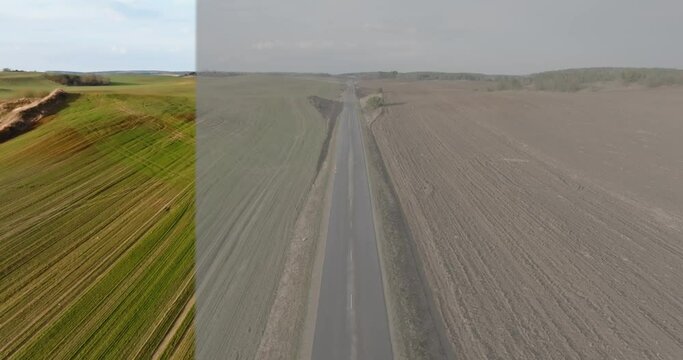 transition on video of flight over asphalt road with result before and after color grading with applying the lut, look up table, to video raw log file