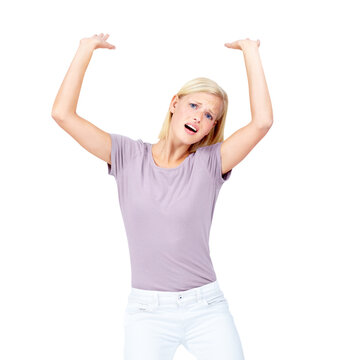 Portrait, hands and heavy sign in studio with anxiety on isolated transparent png background. Face, girl and stress or crush gesture for load, fear and worry, overwhelmed and distress or weight