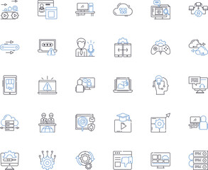 Modern equipment line icons collection. Innovation, Efficiency, Advancement, Digitization, Automation, Robotics, Precision vector and linear illustration. Integration,Quality,Productivity outline