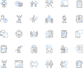 Business tools line icons collection. Productivity, Efficiency, Innovation, Collaboration, Automation, Analytics, Nerking vector and linear illustration. Communication,Strategy,Organization outline