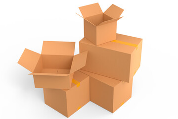 Cardboard box or carton on white background, carrying parcel and online shopping