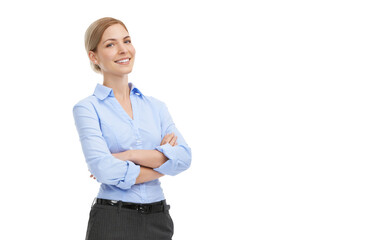 Portrait, smile and woman with arms crossed, business and successful lady isolated on transparent...