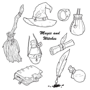 Witch and magic vector lineart icons