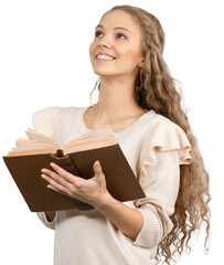 Young woman with book on background