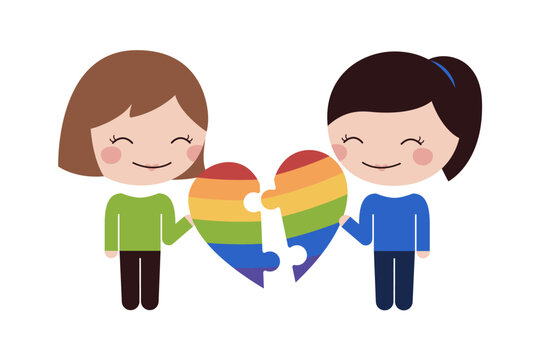D&iacute;a y mes del orgullo gay, dos mujeres felices uniendo su amor con un rompecabezas de coraz&oacute;n con colores  de la bandera LGBT. Vector