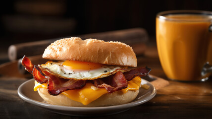 sandwich made with a crispy bagel, green salad leafs, melted cheese, and bacon.
