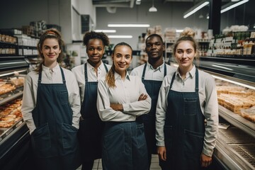 Advertising portrait shot of a worker team standing together in a supermarket and they look at the camera. Generative AI