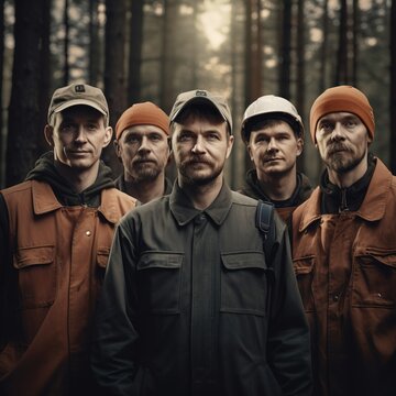 Advertising portrait shot of a woodcutter team standing together in a forest and they look at the camera. Generative AI