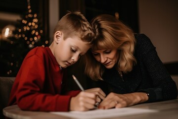 Mother and son writing a Christmas card. Generative AI