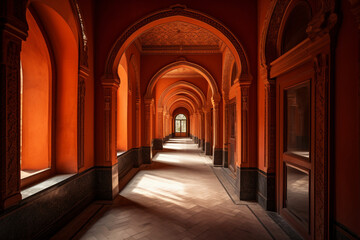 An orange corridor with arches
