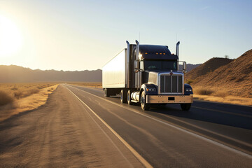 Fototapeta na wymiar Semi truck goes on an asphalt road, through a wonderful landscape and sunset, Generative AI