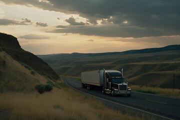 Obraz na płótnie Canvas Semi truck goes on an asphalt road, through a wonderful landscape and sunset, Generative AI