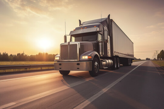 Semi truck goes on an asphalt road, through a wonderful landscape and sunset, Generative AI