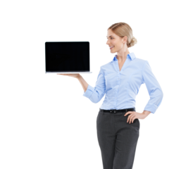 Laptop, mockup and happy business woman standing isolated on a transparent png background. Worker, female model smile and mock up computer screen for marketing or advertising with copy space display