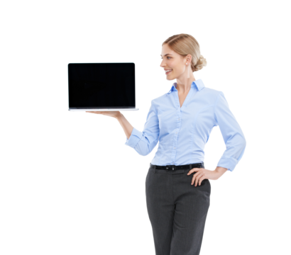 Laptop, mockup and happy business woman standing isolated on a transparent png background. Worker, female model smile and mock up computer screen for marketing or advertising with copy space display