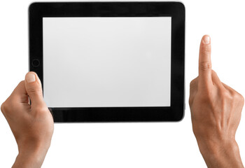 Hands Holding Digital Tablet with White Screen