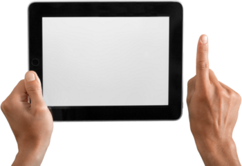 Hands Holding Digital Tablet with White Screen