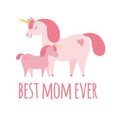 Vector happy Mother’s Day lettering and unicorn isolated on white background