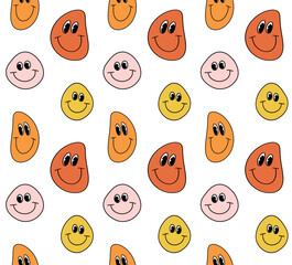 Vector seamless pattern of groovy retro smile face isolated white background