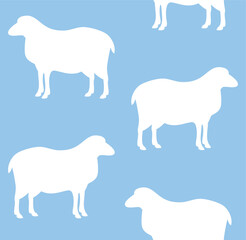 Vector seamless pattern of flat hand drawn sheep silhouette isolated on blue background