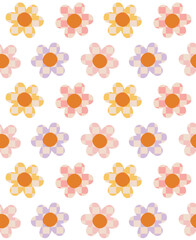 Vector seamless pattern of different color chessboard checkered texture groovy flower isolated on white background