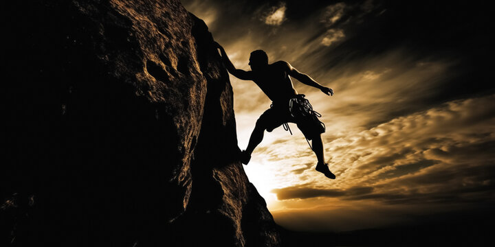 A muscular climber climbs a rock against the backdrop of the evening sunset sky. The concept of active extreme sports. digital art