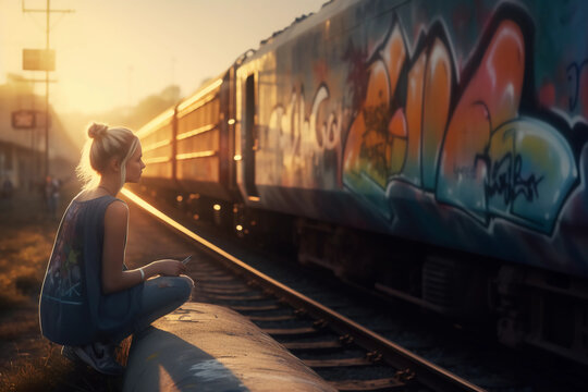 Graffiti Writer at work in the sunset at the train line
