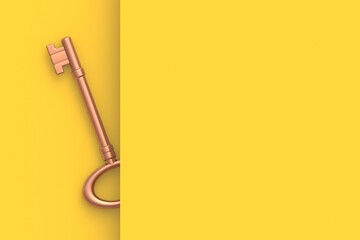 Vintage key behind the wall. Copy space. 3d render