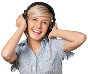 Young woman listening to music with headphones on white background