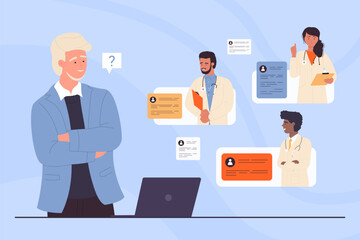 Doctors search, choice of medical specialists for healthcare by patient vector illustration. Cartoon man customer choosing best physician and treatment decision in online hospital appointment