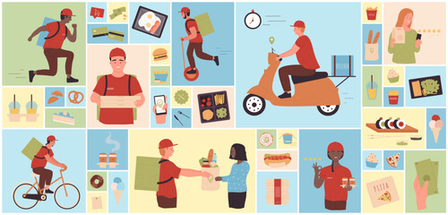 Cartoon couriers deliver pizza, lunch box, sushi or coffee to people, deliveryman with scooter in square collage background. Takeaway fast food delivery service to home set vector illustration