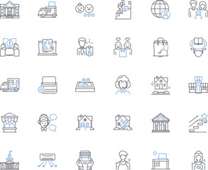 Fototapeta premium Urban center line icons collection. Bustling, Vibrant, Cosmopolitan, Diverse, Immersive, Fast-paced, Iconic vector and linear illustration. Dynamic,Welcoming,Famous outline signs set