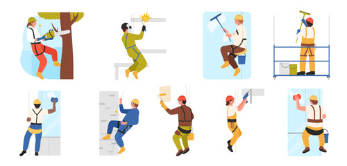 Industrial alpinists work at height set vector illustration. Cartoon isolated climbers cleaning windows, arborist hanging on rope with chainsaw, construction workers with drill and welding machine
