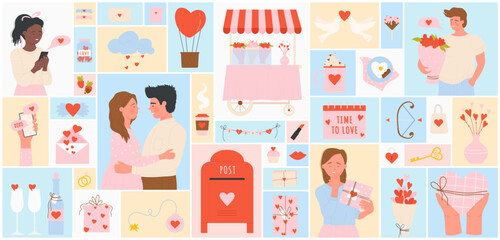 Cartoon woman and man give and receive gifts on date, marriage rings, floral bouquet, bottle of champagne and glasses in geometric collage background. Love, Valentines day set vector illustration