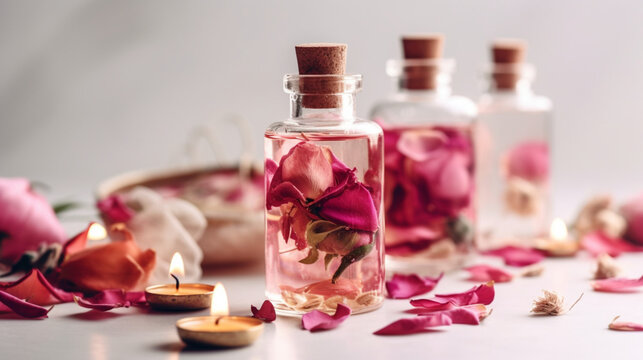 Pure organic essential rose oil concept Elixir Pink flowers candle towel Generative AI