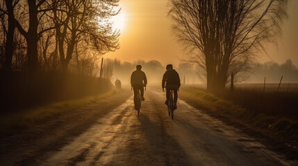 The Freedom of the Open Road, Cyclists on a Sunset Road - Back View Generative AI