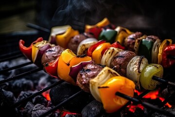 Vegetable and meat skewers sizzling on the grill. Generative AI